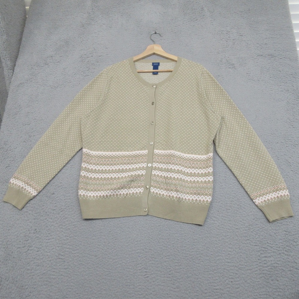 IZOD Cardigan Sweater Women XL Beige Pink Fair Isle Nordic Preppy Winter Lodge - Picture 4 of 14